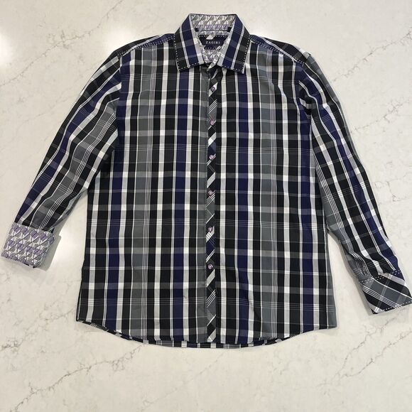 Zagiri Mens L Purple Black Plaid Button Up Flip Cuffs Embroidered Stich Shirt - Picture 1 of 11